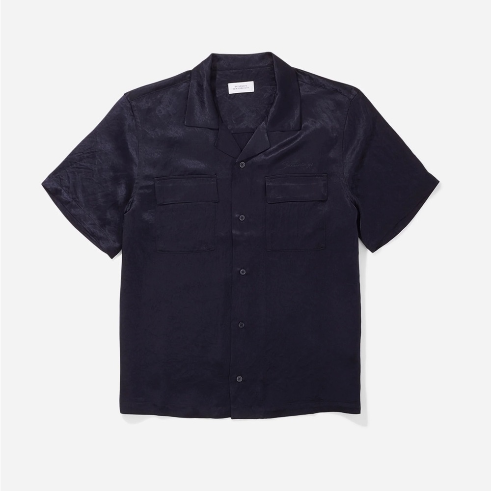 NWT Saturdays NYC Canty Crinkled Satin Short Sleeve Shirt in “Midnight” Size M